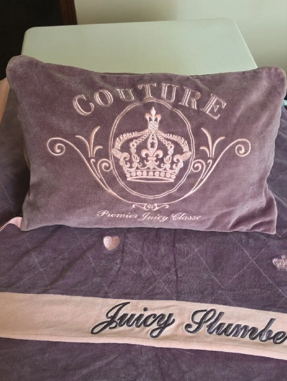 Juicy Couture Pink and Mauve Velvet Embroidered Pillow Case with Matching Throw